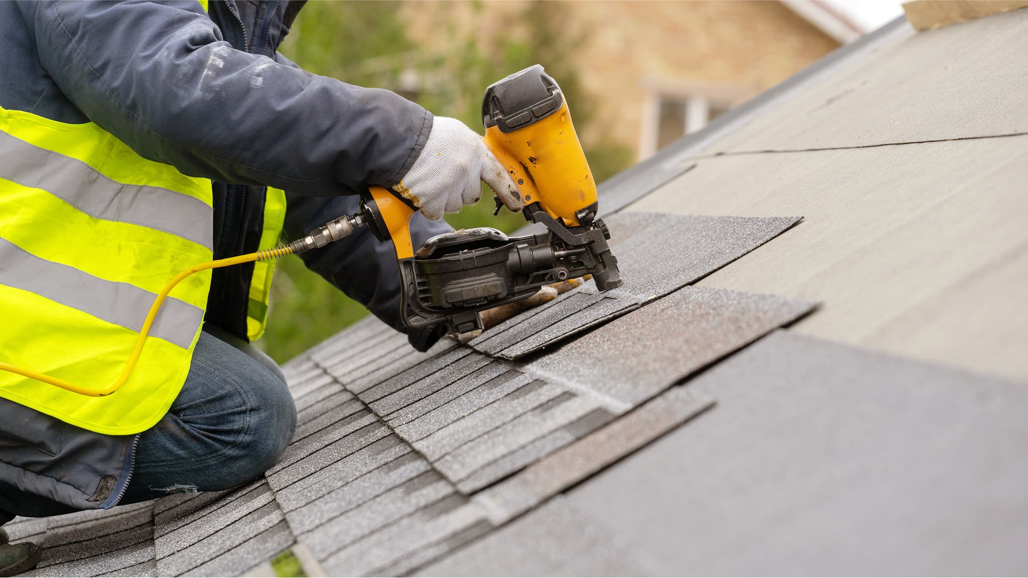 Roof repair work scene for weather-based ad targeting